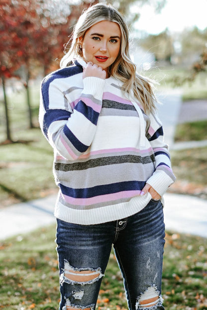 Plus Size Striped Long Sleeve Hooded Sweater.