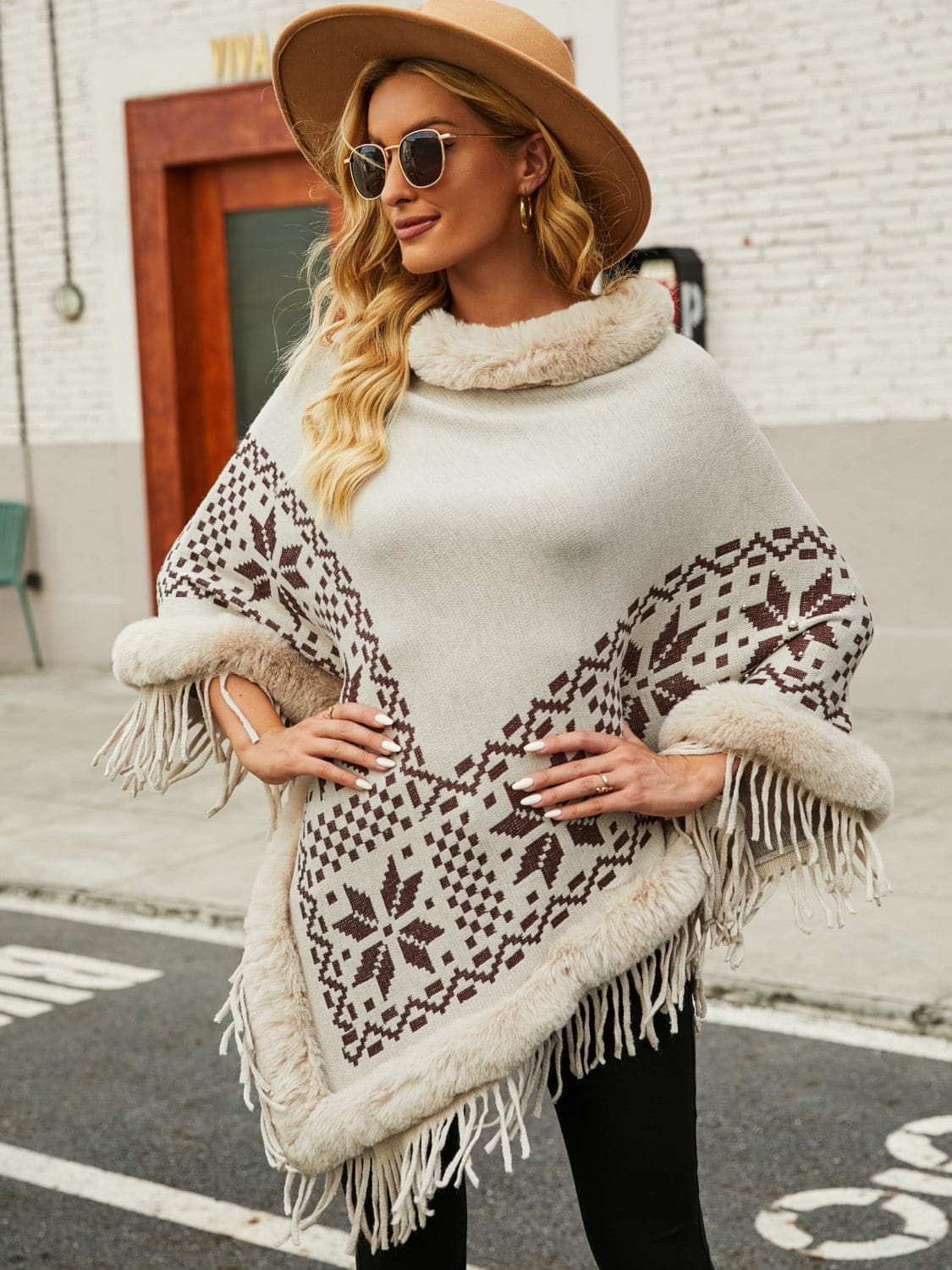 Fringe Geometric Cape Sleeve Poncho.