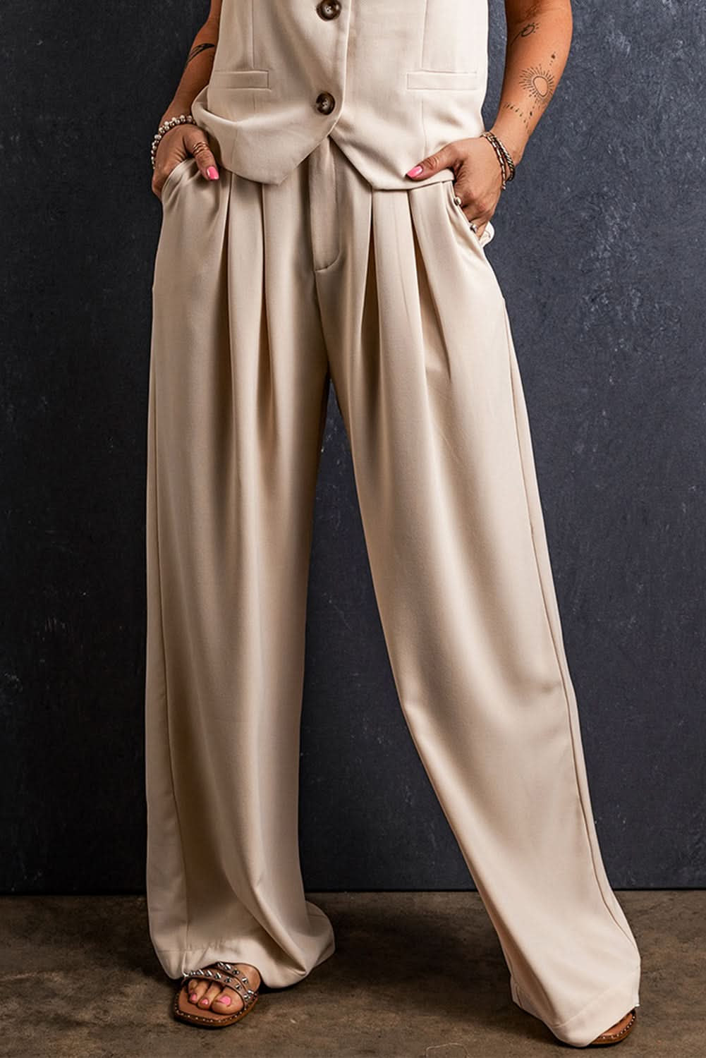 Ruched High-Waisted Palazzo Pants with Functional Pockets