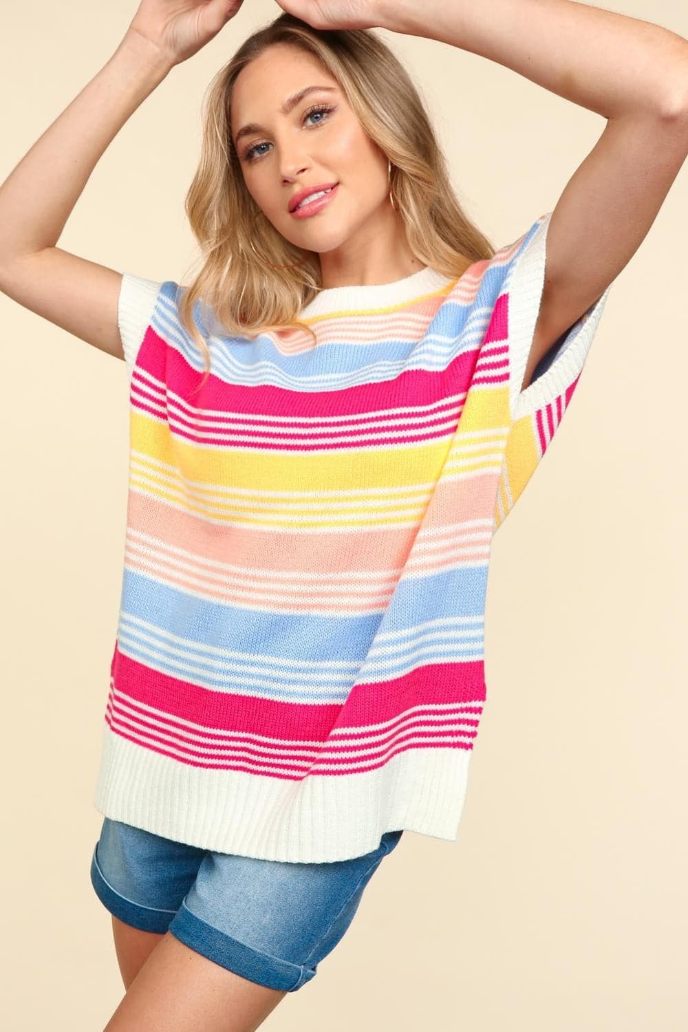 Haptics Striped Side Slit Short Sleeve Knit Top.