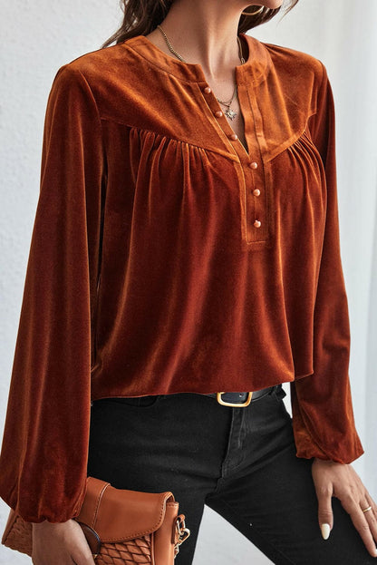 Ruched Decorative Button Notched Blouse.