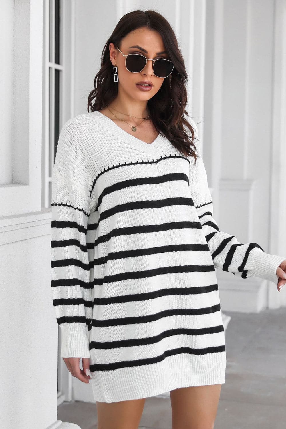 Striped V-Neck Drop Shulder Sweater Dress.