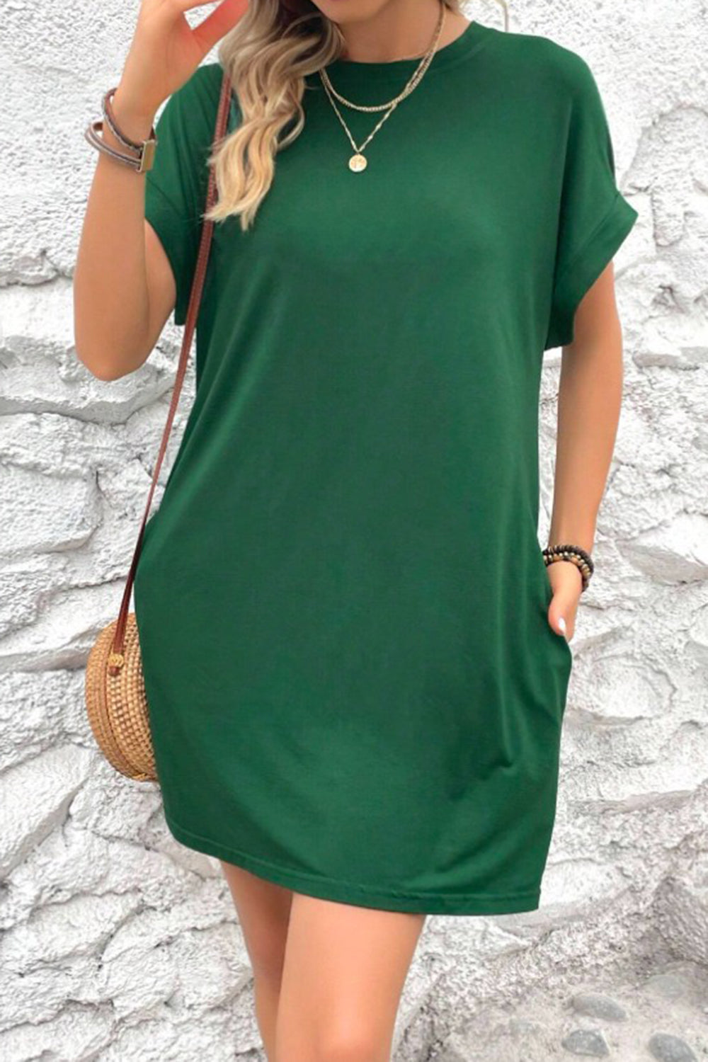 Casual pocketed round neck tee dress