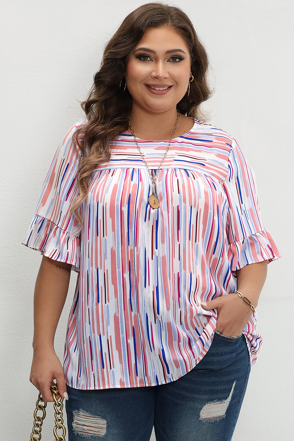 Chic ruffled short sleeve blouse with white stripes in plus sizes