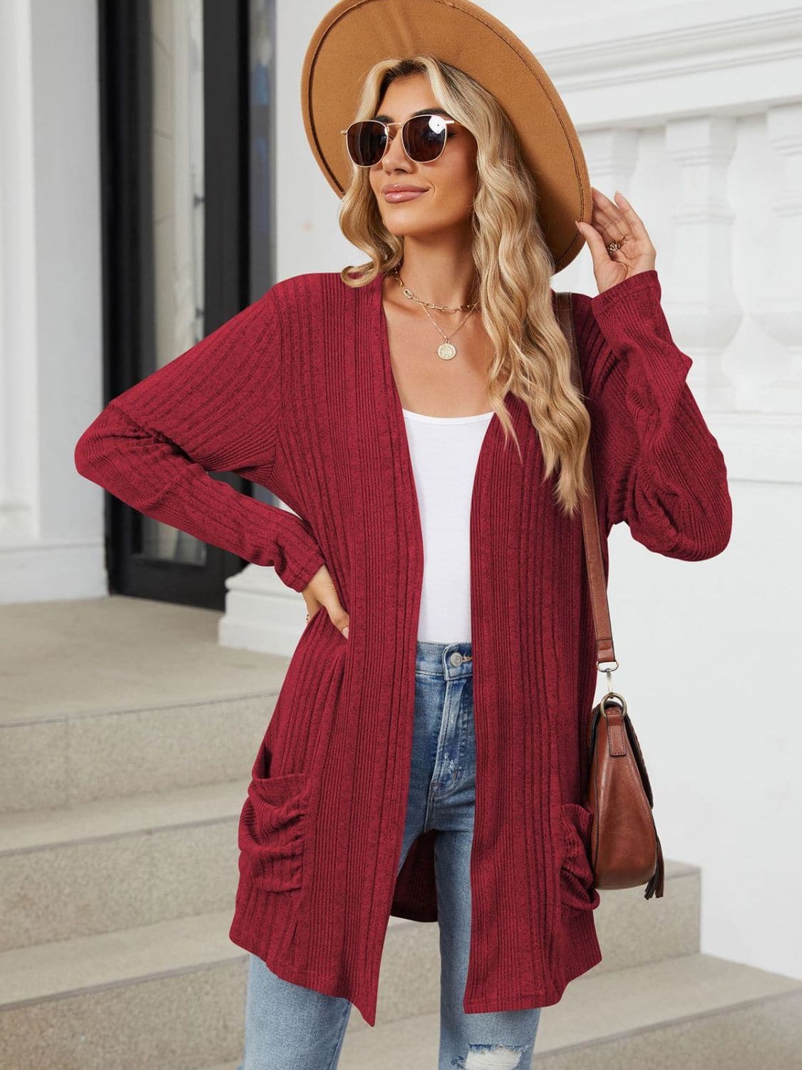 Pocketed Open Front Long Sleeve Cardigan.