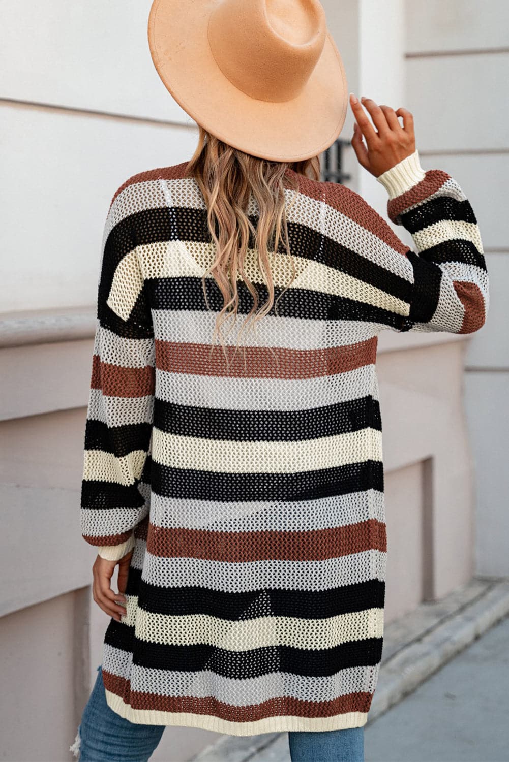 Full Size Striped Long Sleeve Openwork Cardigan.