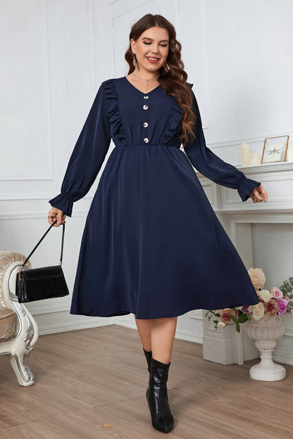 Melo Apparel Plus Size V-Neck Buttoned Flounce Sleeve Dress.