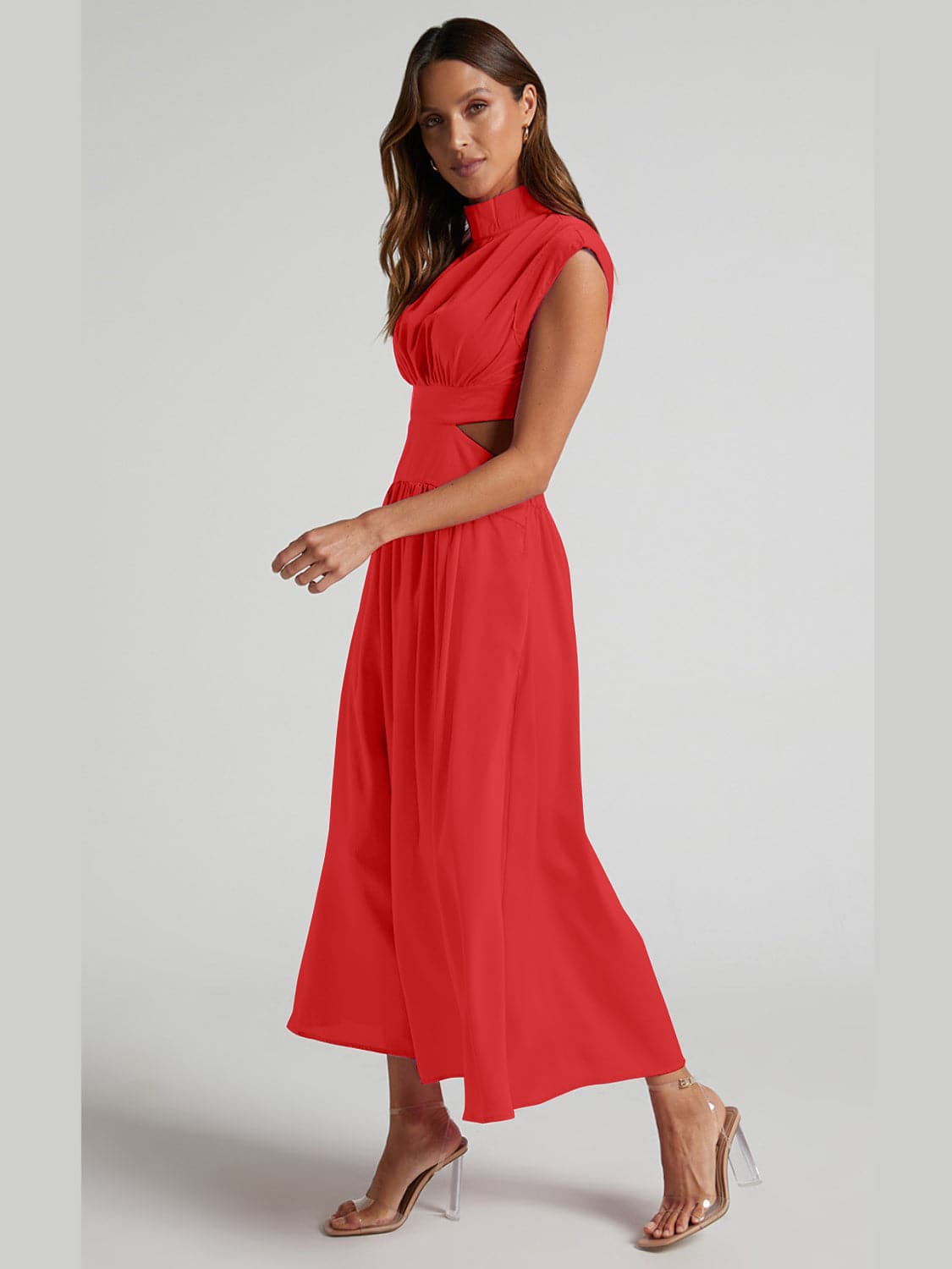 Cutout Mock Neck Sleeveless Ruched Dress.