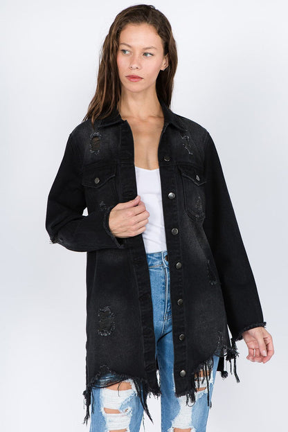 Vintage-inspired distressed denim jacket with frayed hem