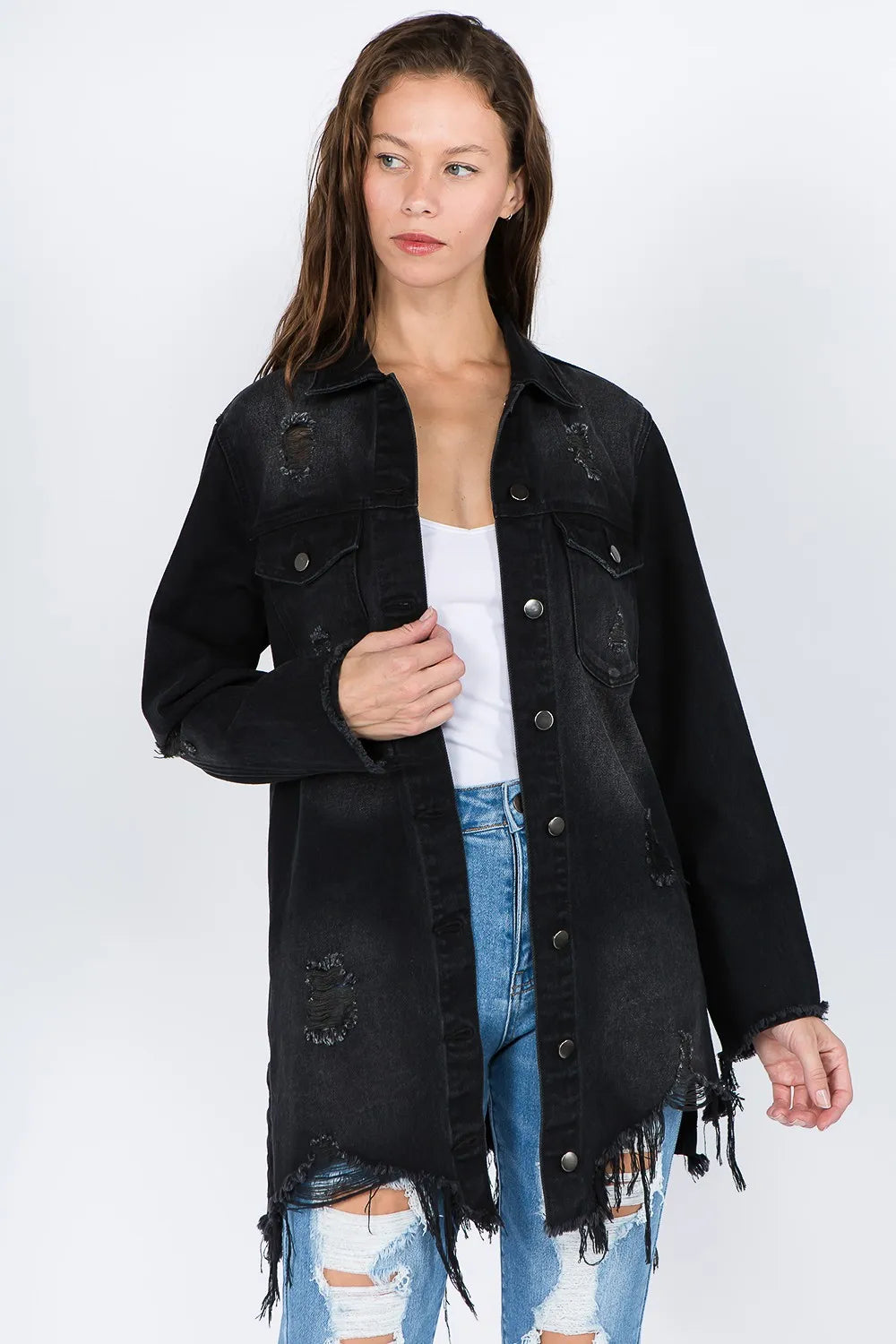 American Bazi Distressed Frayed Hem Denim Jacket - Love Salve 