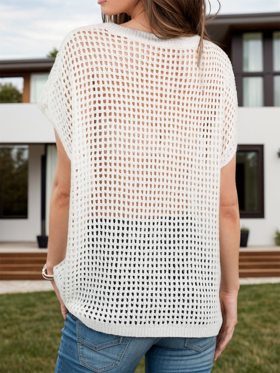 Openwork Round Neck Short Sleeve Cover-Up.