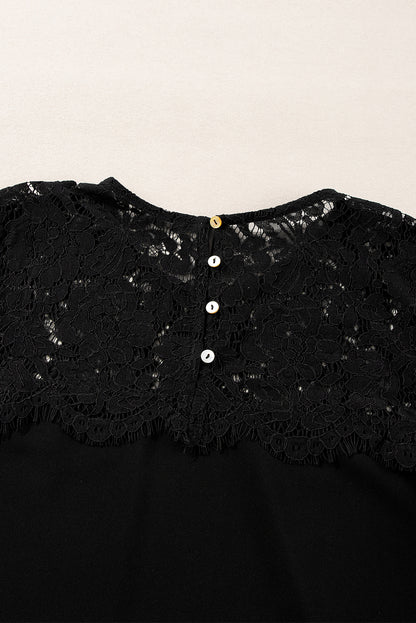 Elegant black lace crochet long sleeve top with O neck design