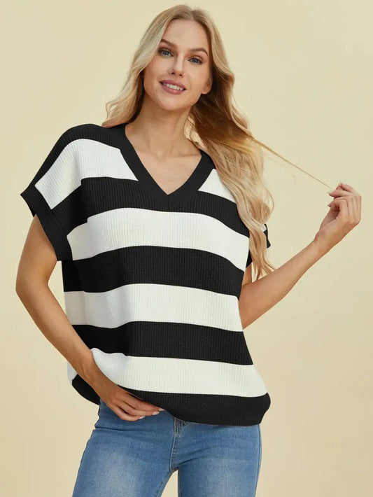 Double Take: Striped V-Neck Sweater - Love Salve