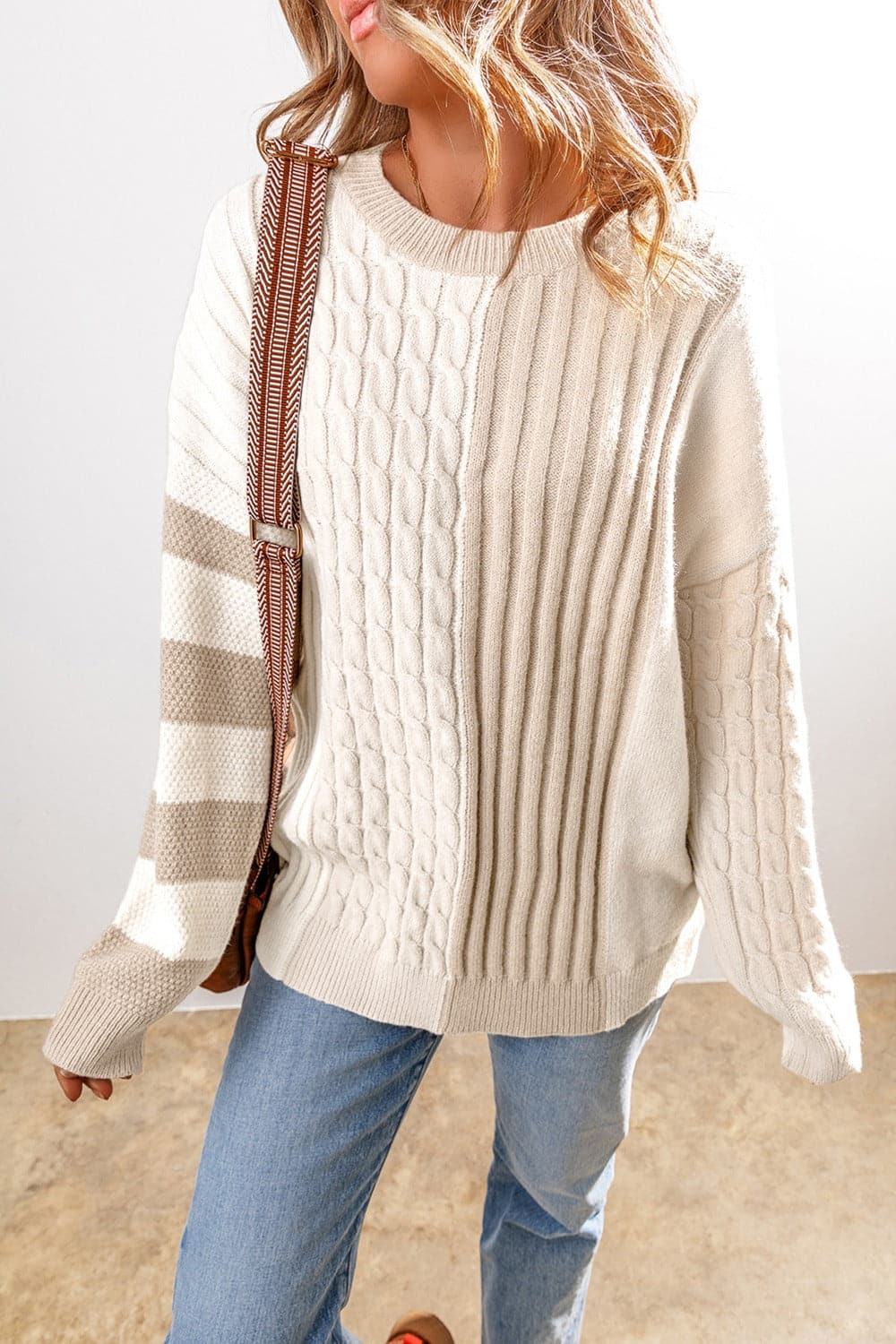 Cable-Knit Color Block Round Neck Sweater.