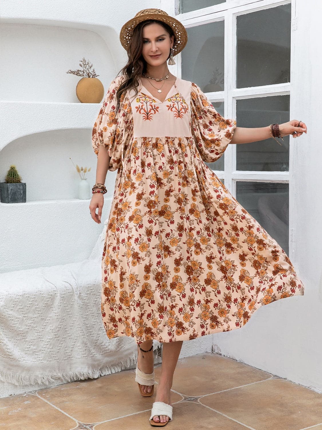 Plus Size Printed Tie Neck Half Sleeve Midi Dress.