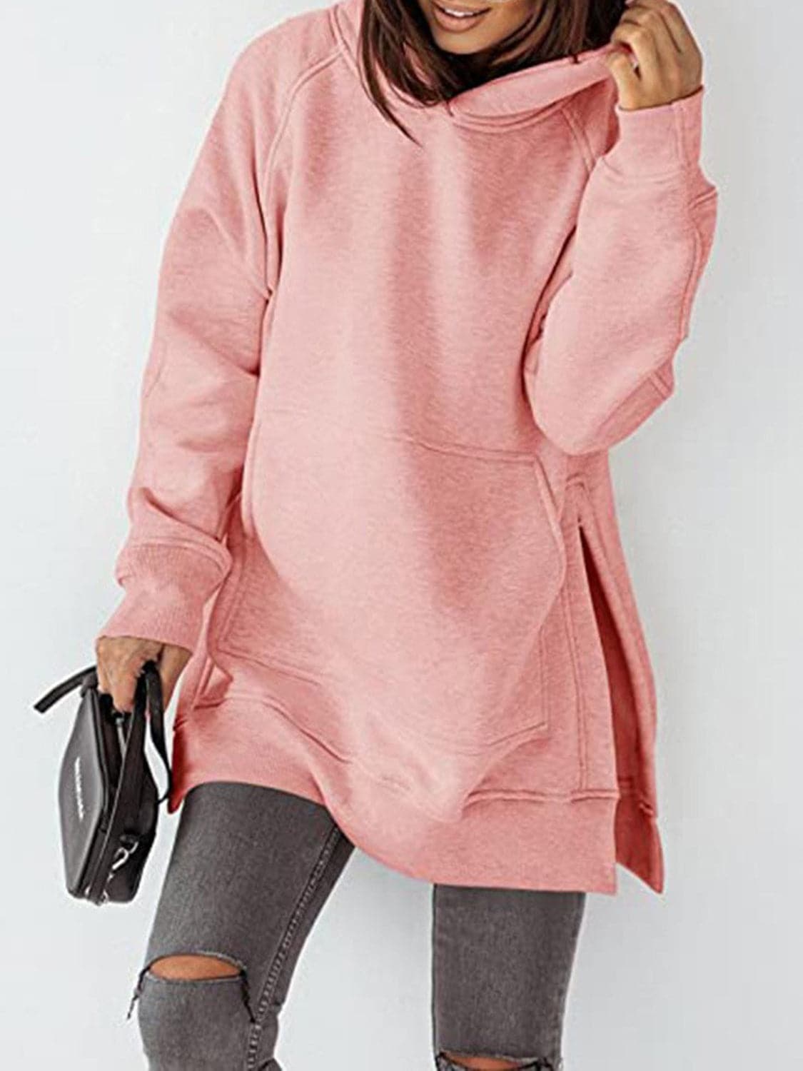 Slit Pocketed Raglan Sleeve Hoodie.