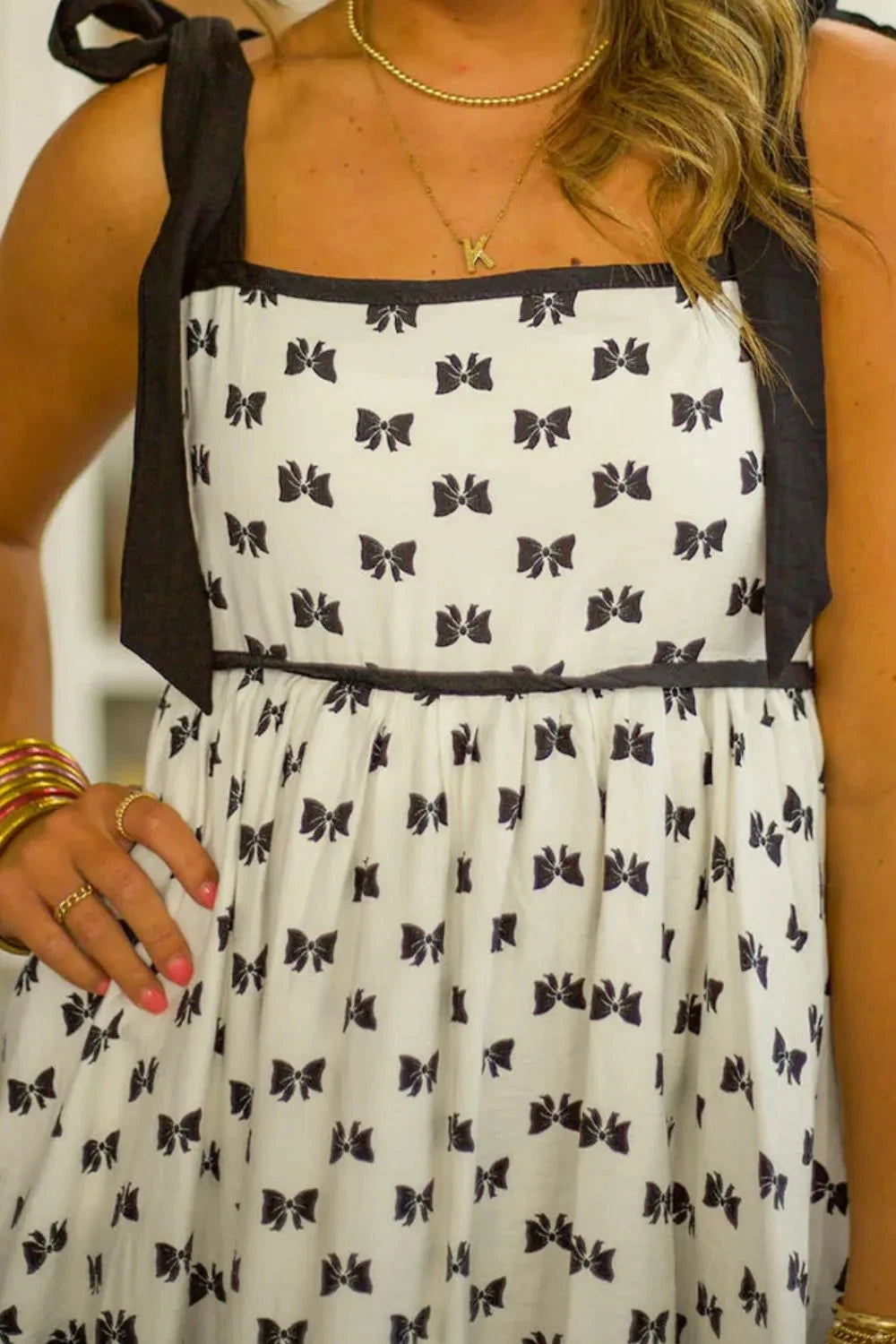 Bow Knot Color Contrast Trim Knotted Shoulder Mini Dress Simply Love