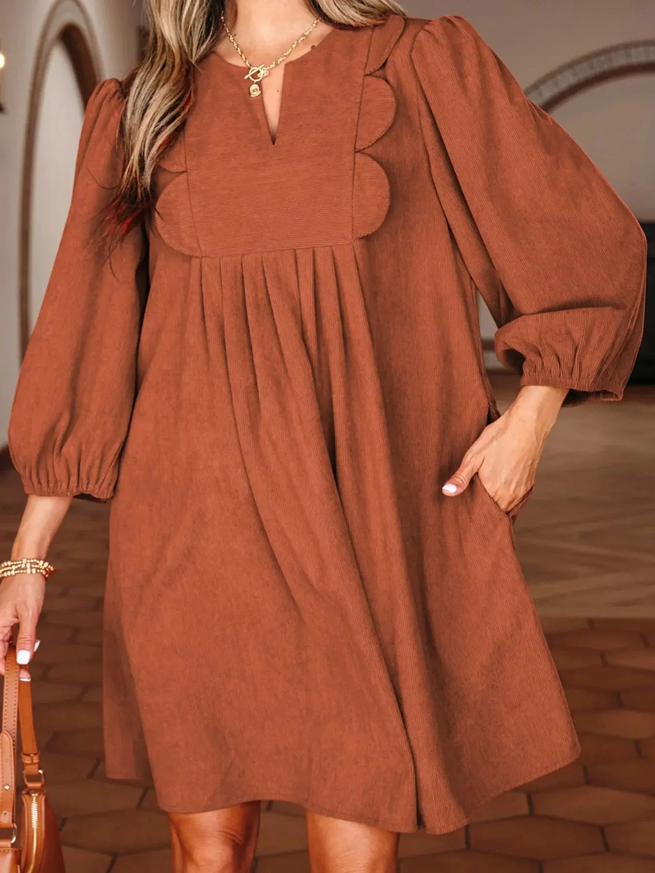 Split Neck Scallop Detail Corduroy Mini Dress Simply Love