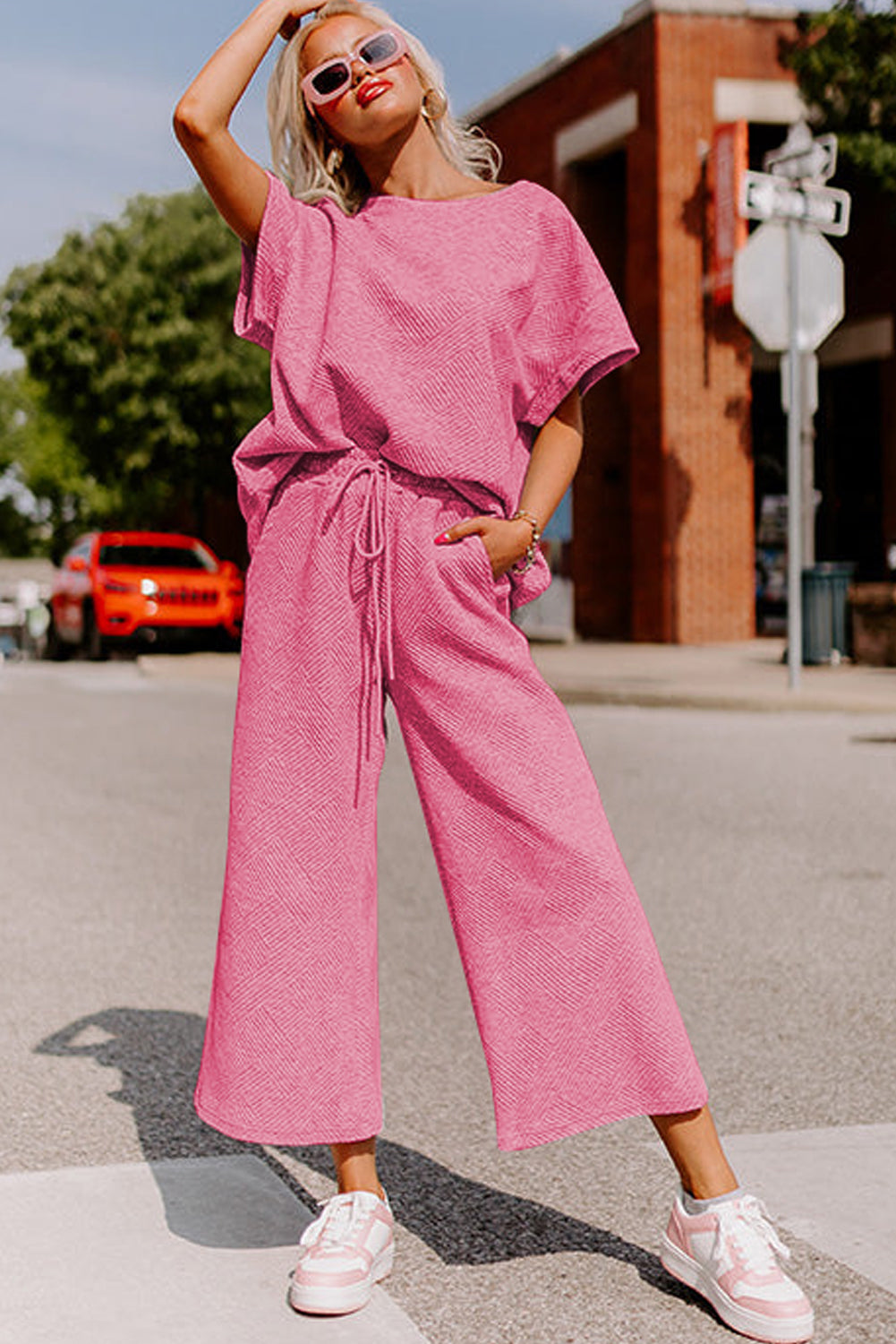 Strawberry Pink Casual Textured T-Shirt and Jogger Pants Ensemble