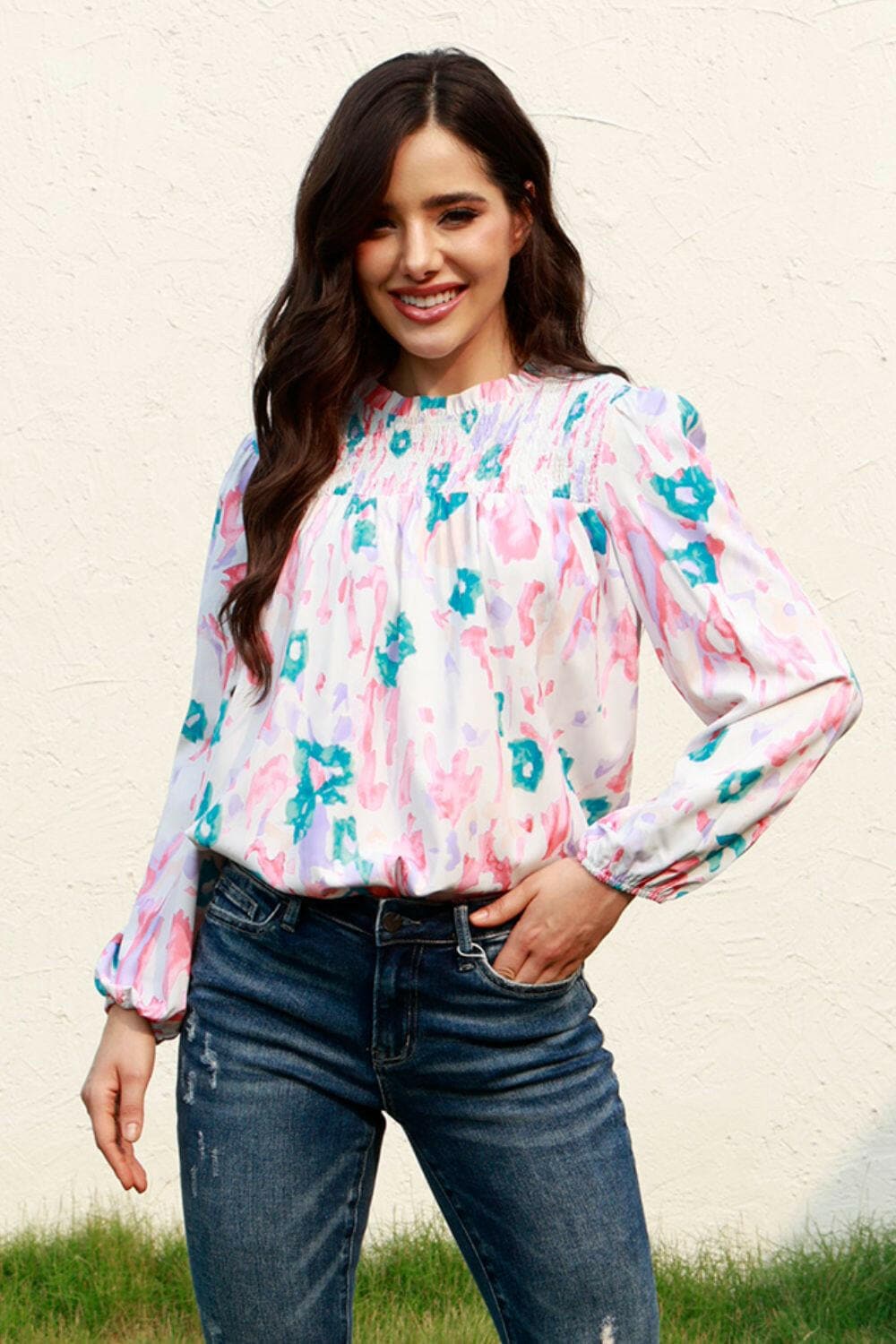 Floral Smocked Balloon Sleeve Round Neck Blouse.