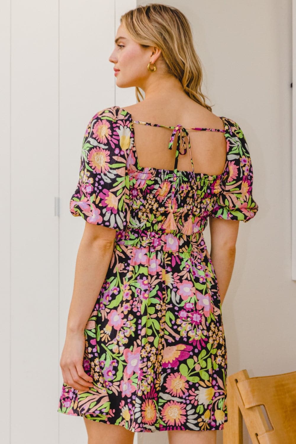 ODDI Full Size Floral Tie-Back Mini Dress.