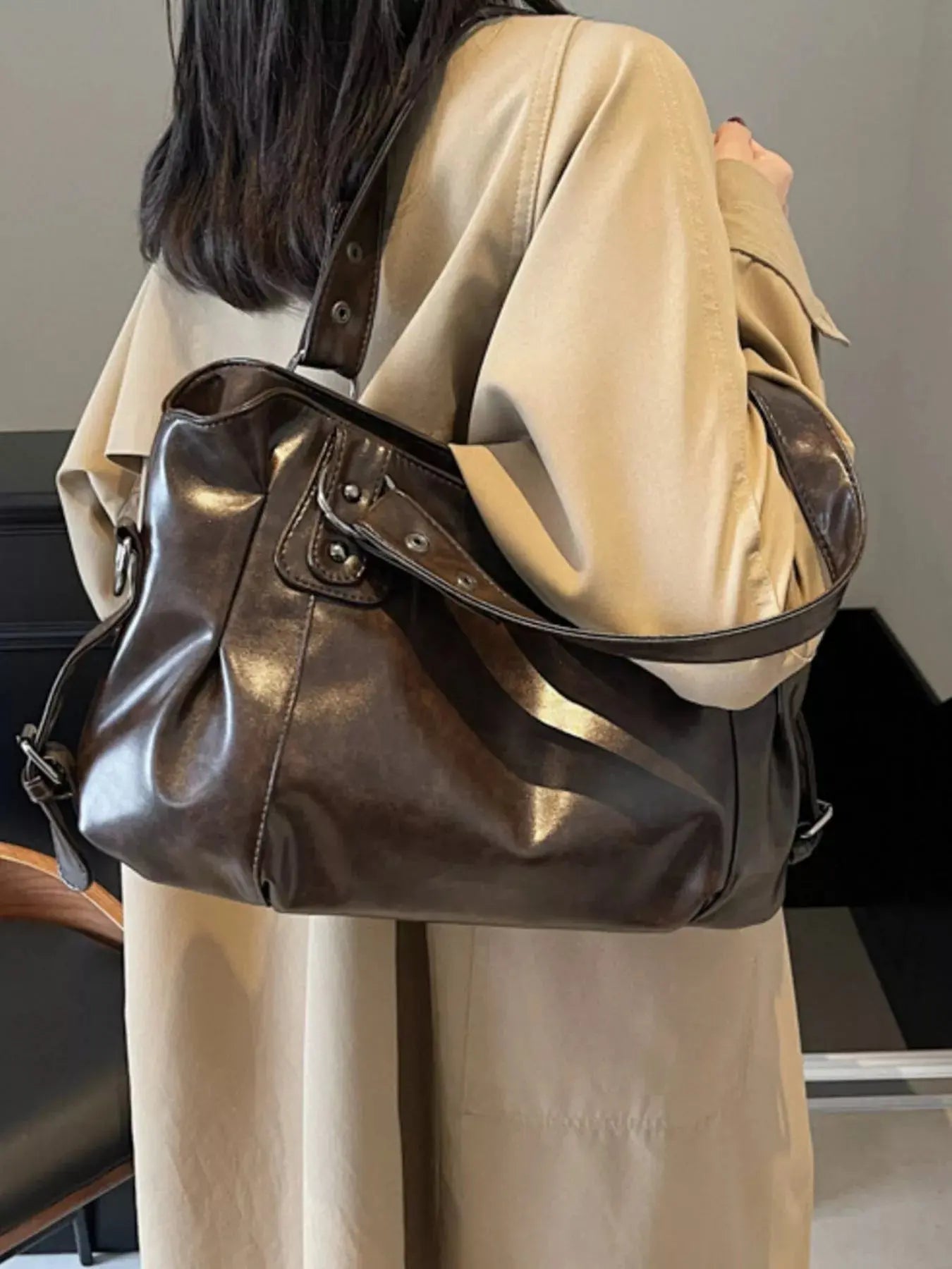Vintage Style PU Leather Handbag Large Tote With Shoulder Straps Simply Love