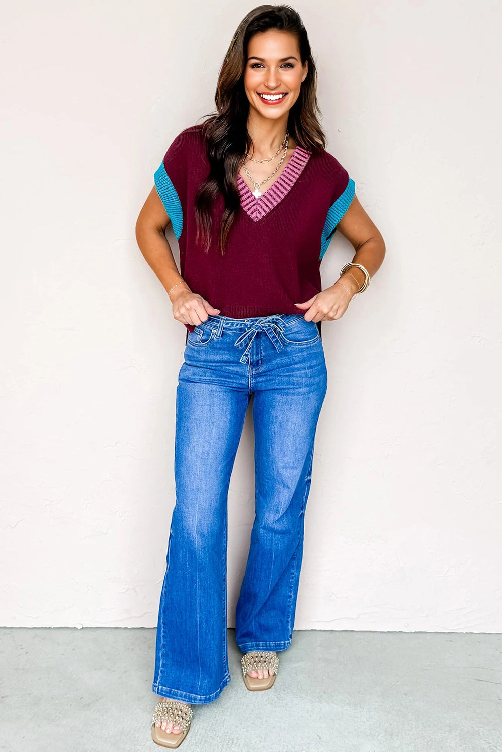 Burgundy Contrast Trim V Neck Short Sleeve Loose Sweater