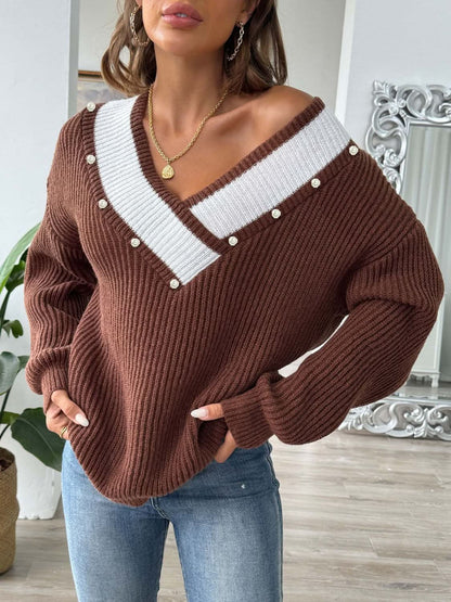 Contrast Trim Dropped Shoulder Long Sleeve Sweater