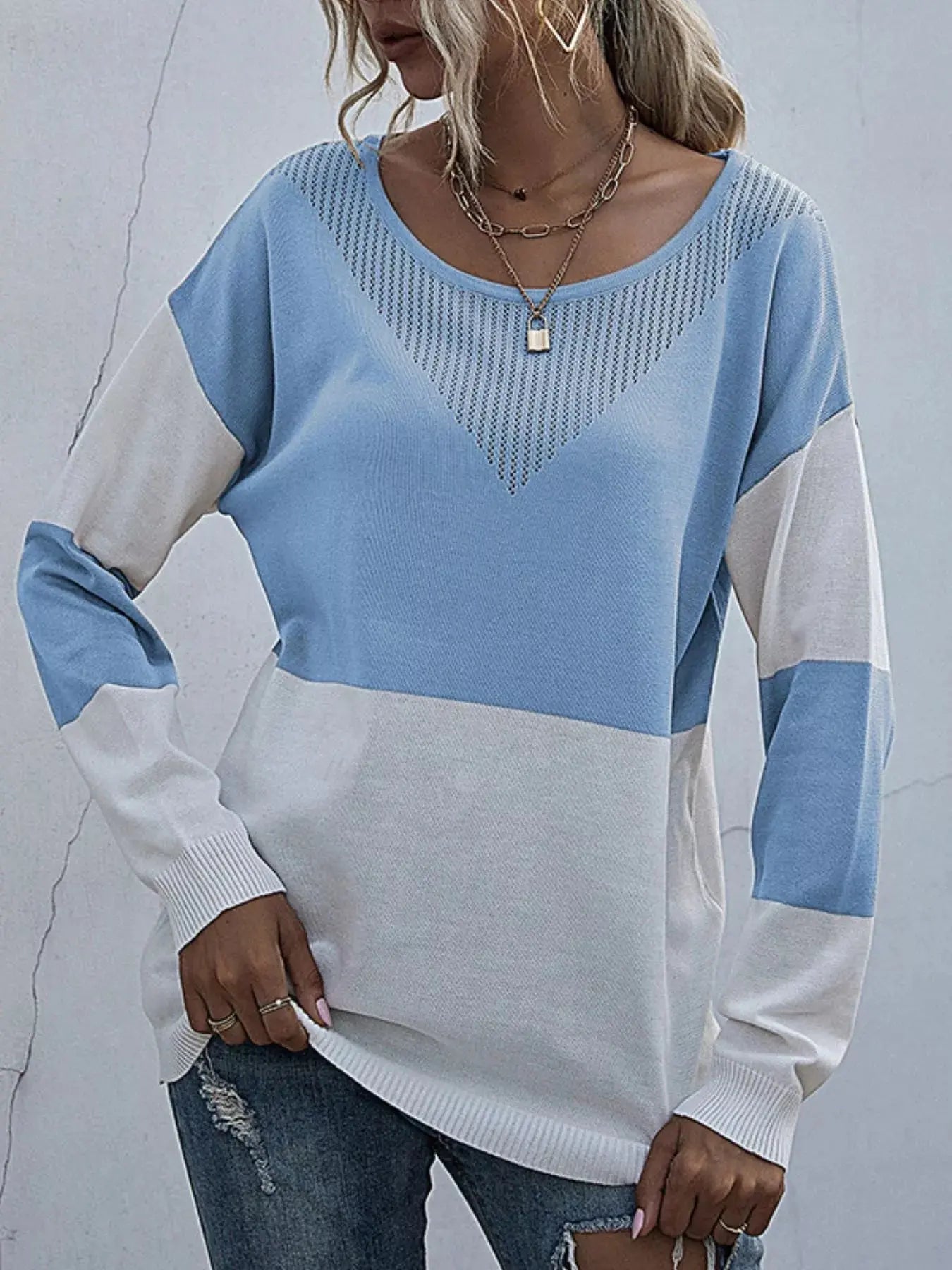 Color Block Round Neck Sweater Simply Love
