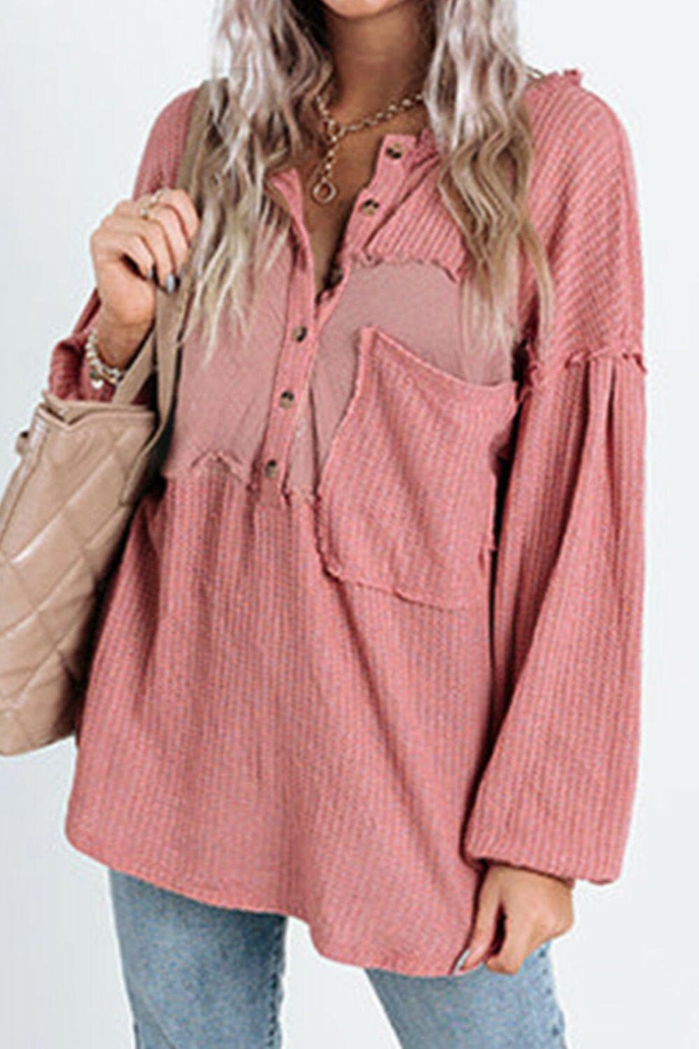 Half Button Raw Hem Long Sleeve Blouse.