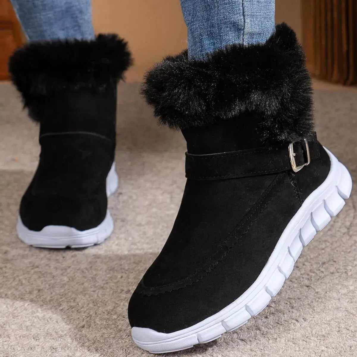 Fuzzy Trim Buckle Ankle Boots With Faux Fur Lining Simply Love