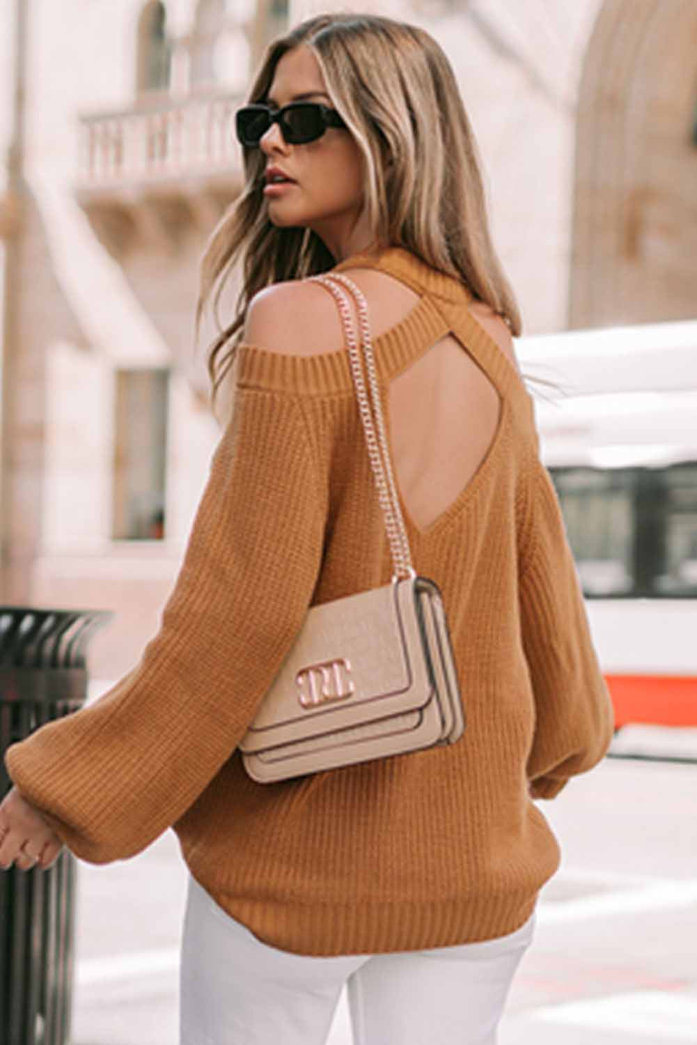 Chic brown cold shoulder sweater with hollow-out back design