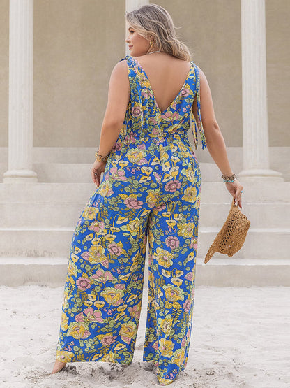 Plus Size Printed V-Neck Wide Leg Jumpsuit.