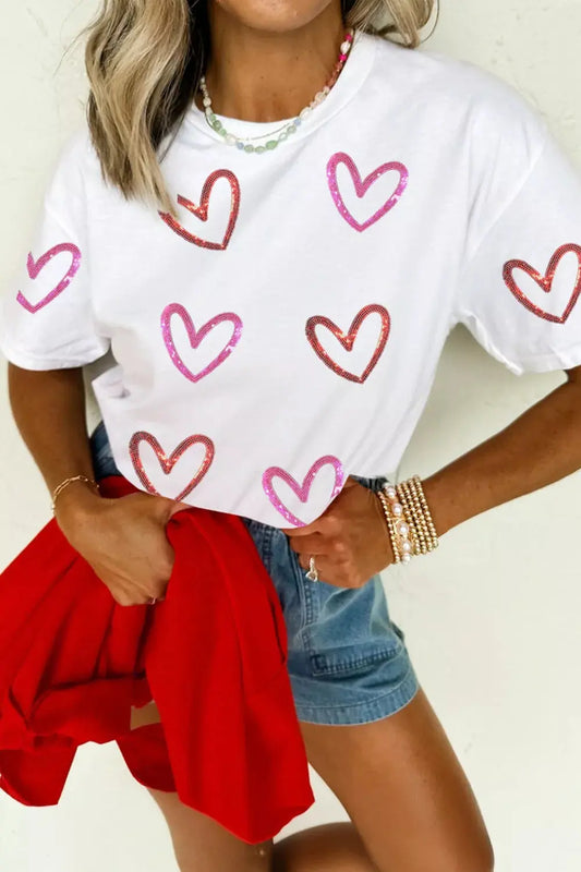 Sequin Heart Short Sleeve Casual Tee Simply Love