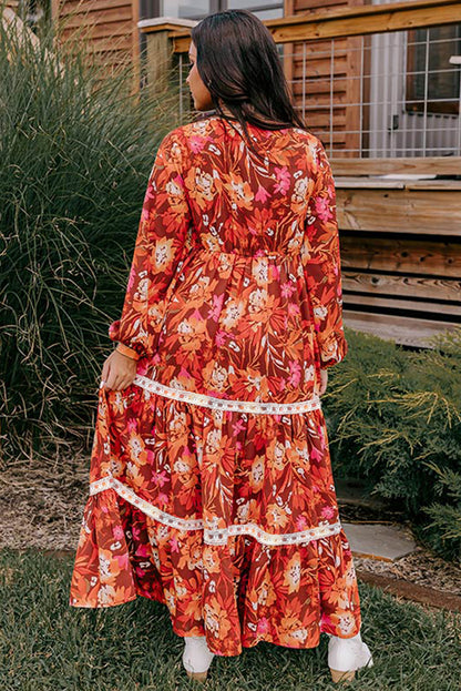 Elegant orange floral maxi dress with lace trim and V-neckline