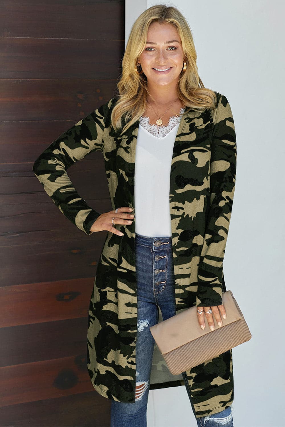 Double Take Printed Open Front Longline Cardigan.