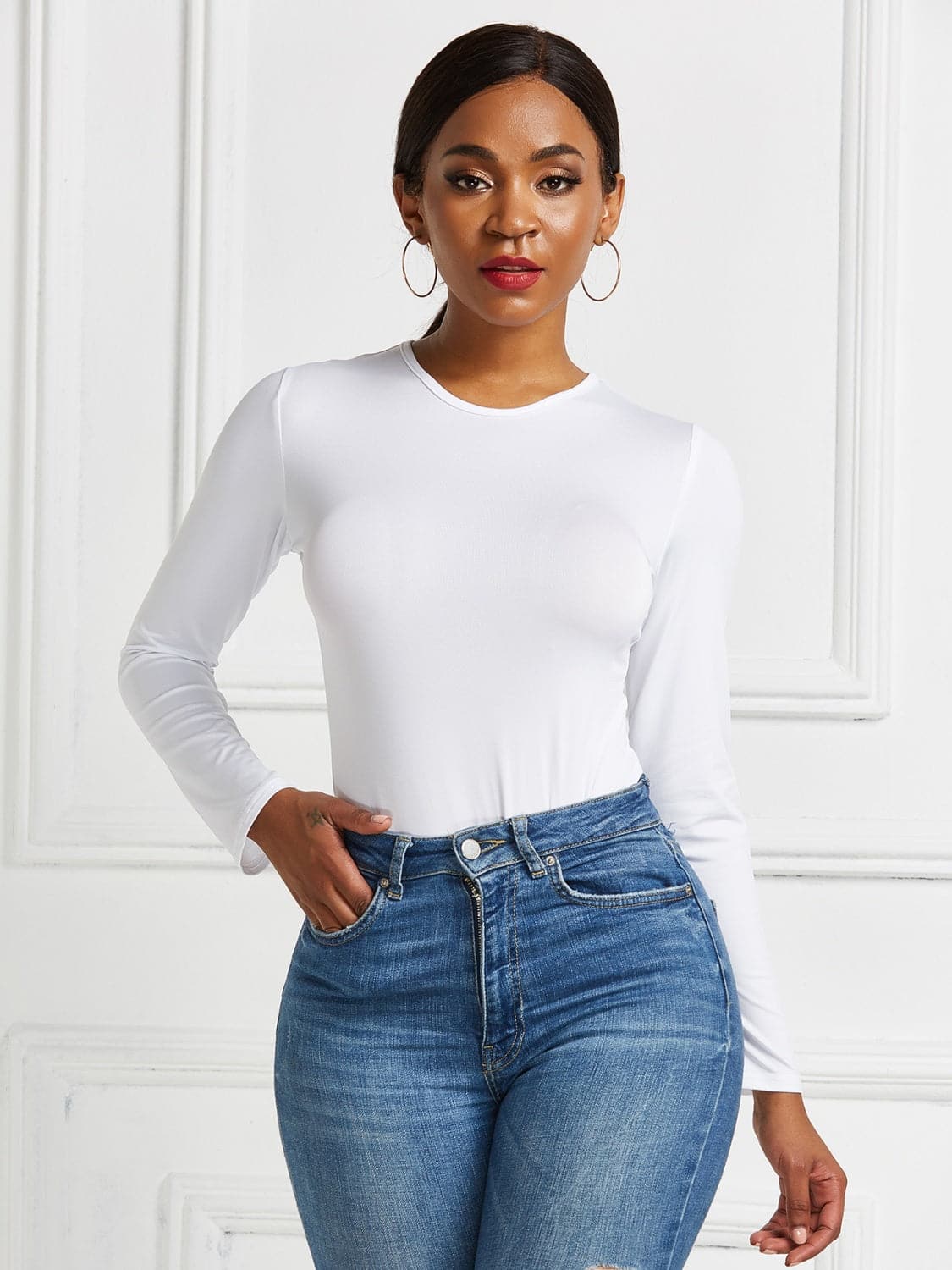 Round Neck Long Sleeve Bodysuit.