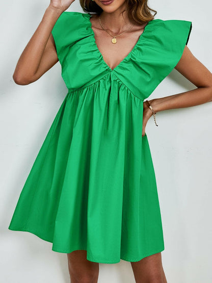 V-Neck Cap Sleeve Mini DressUpgrade Your Style with Our V-Neck Cap Sleeve Mini Dress
 Step out in confidence and elegance with our V-Neck Cap Sleeve Mini Dress, a versatile piece that effortlesLove Salve -Neck Cap Sleeve Mini Dress