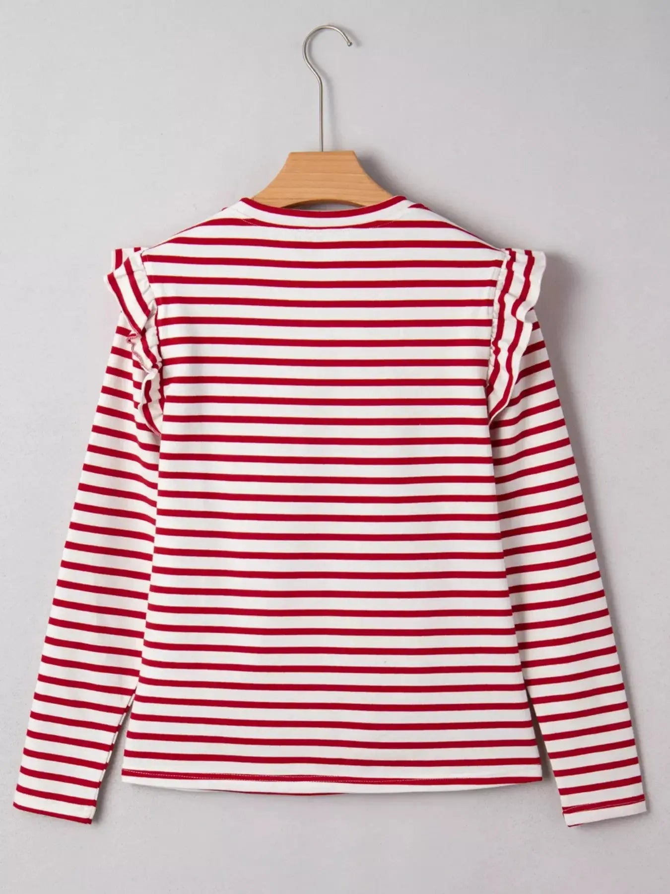 Striped Round Neck Ruffle Trim Long Sleeve Top For Women Simply Love