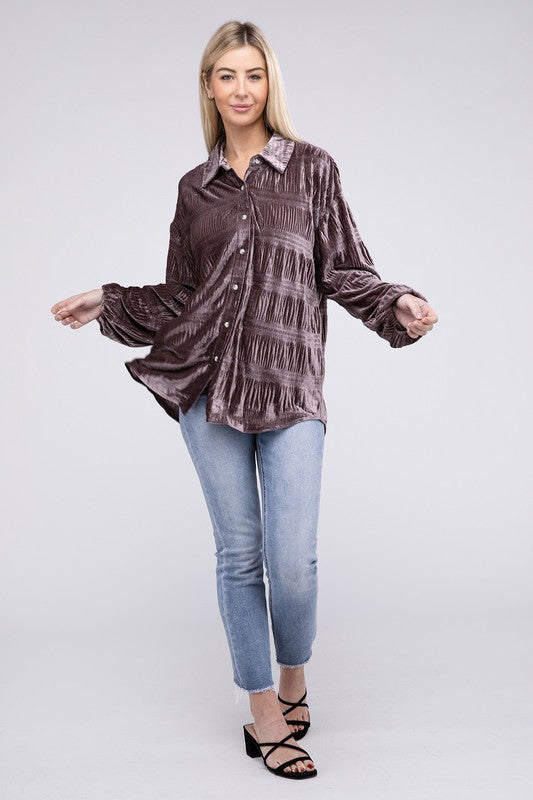 Wrinkle effect velvet shirt