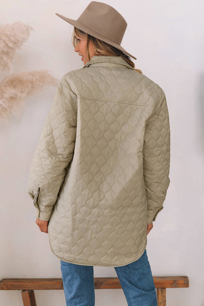 Beige 4 Big Pockets Quilted Button Down Puffer Coat