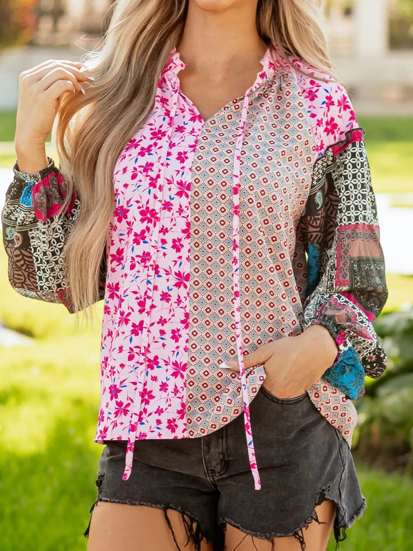Boho Mixed Floral Drop Shoulder Bubble Sleeve Blouse Simply Love