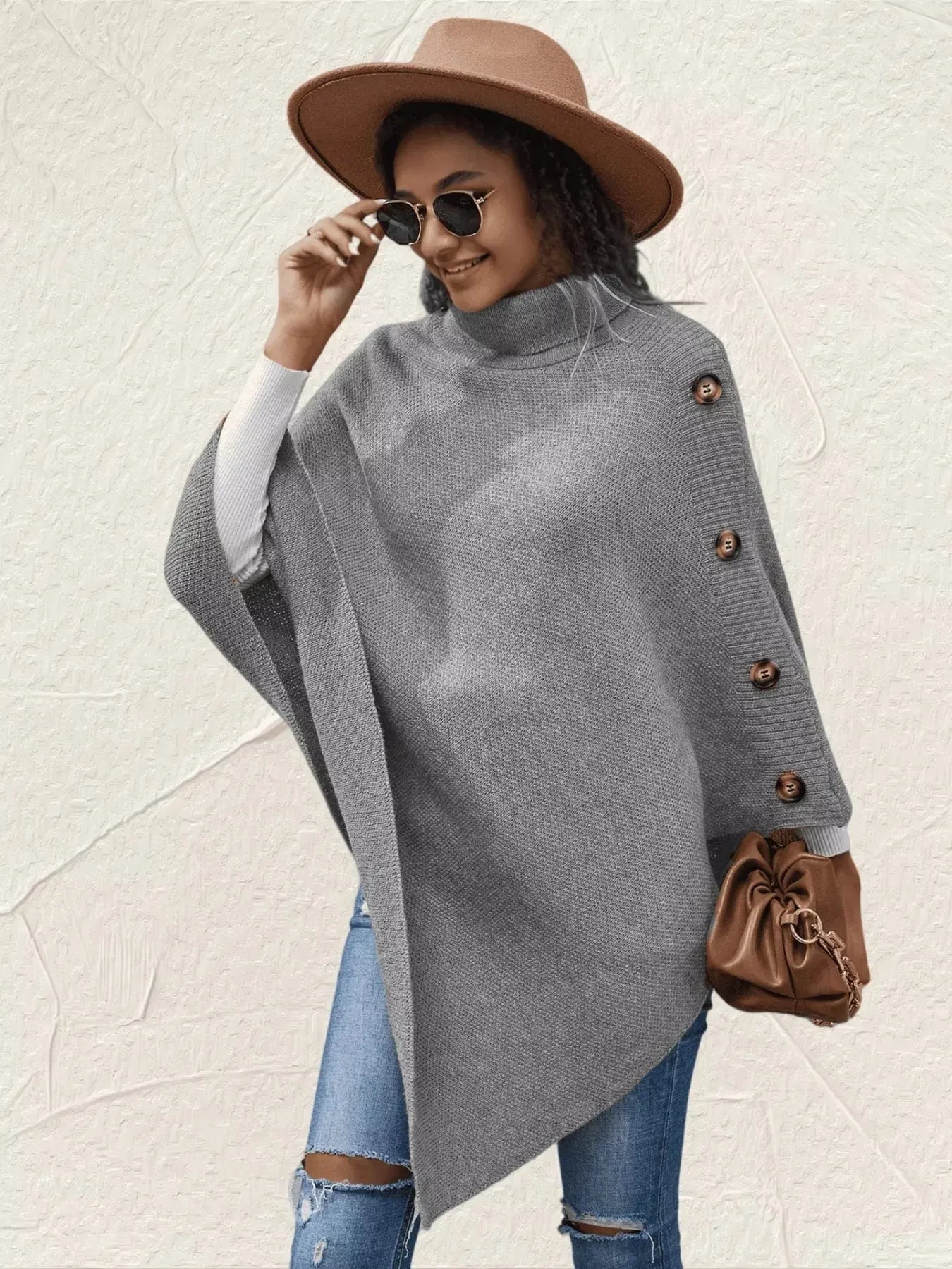 Button-Decor Turtleneck Poncho Pullover Simply Love