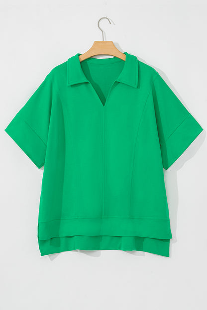 Vibrant Green Plus Size Short Sleeve Blouse with Turn-Down Collar