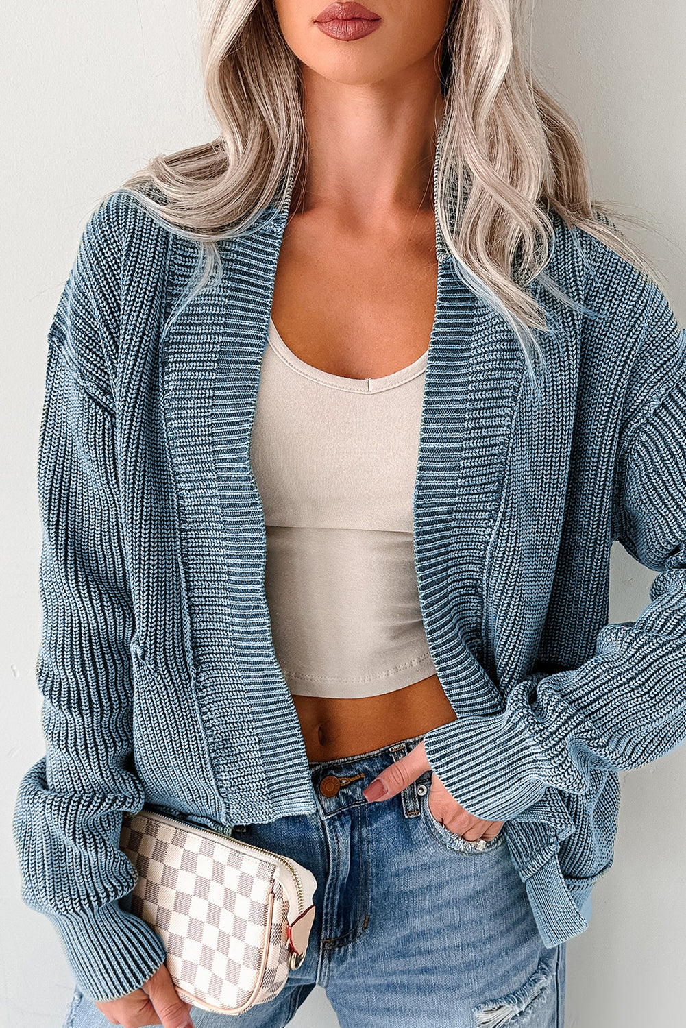 Evergreen Mineral Wash Exposed Seam Patchwork Knit Open Sweater Cardigan Dear-Lover Dropshipping