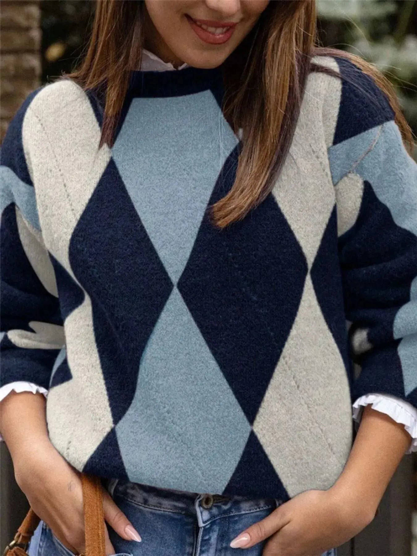 Vintage Argyle Round Neck Sweater Simply Love