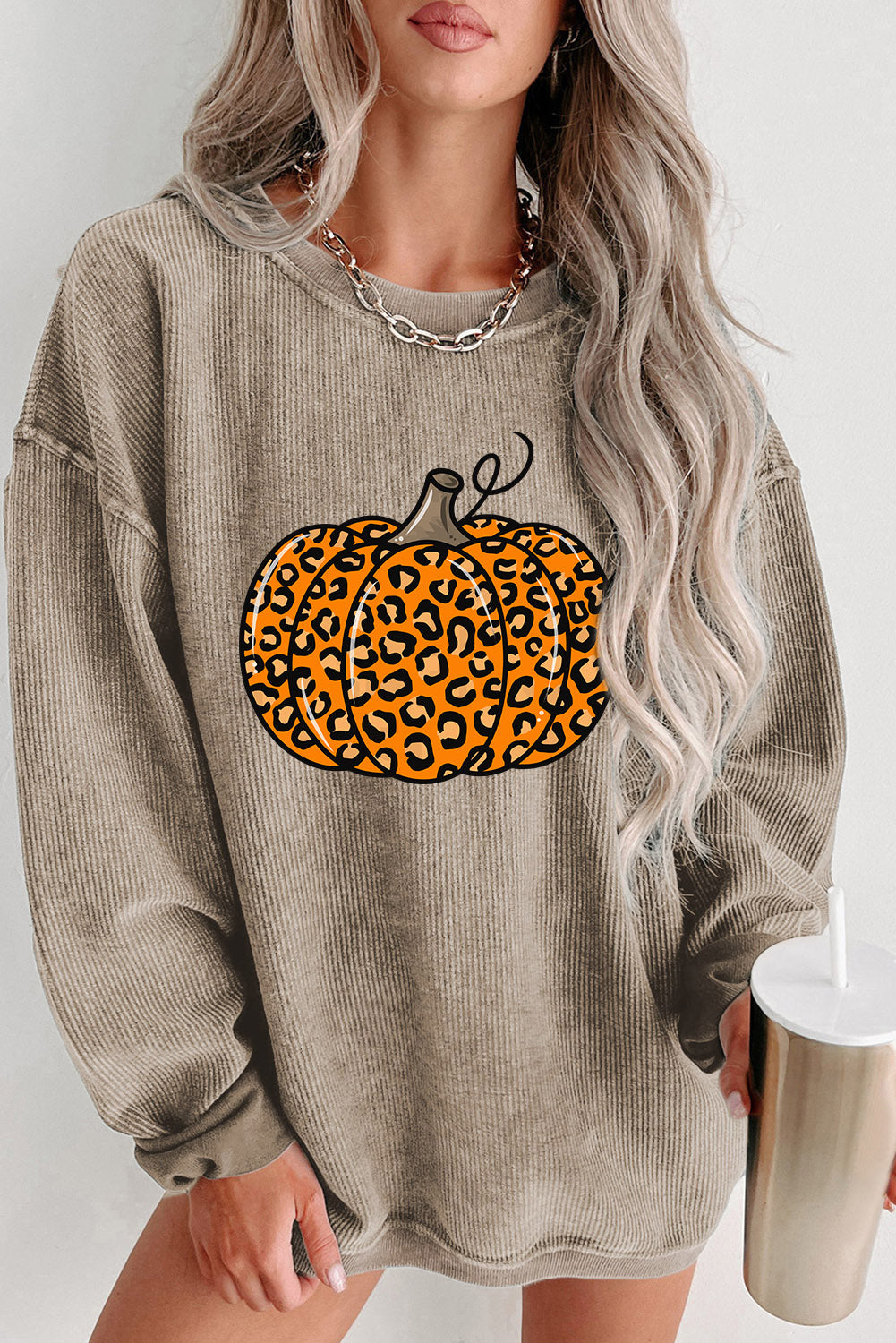 Khaki leopard pumpkin graphic corded sweatshirt for Halloween fun