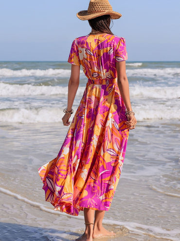 Printed V-Neck Short Sleeve Midi Dress.