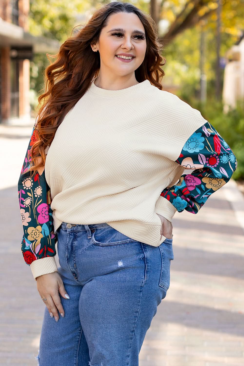White Floral Patchwork Sleeve Textured Plus Size Pullover Top - Love Salve 
