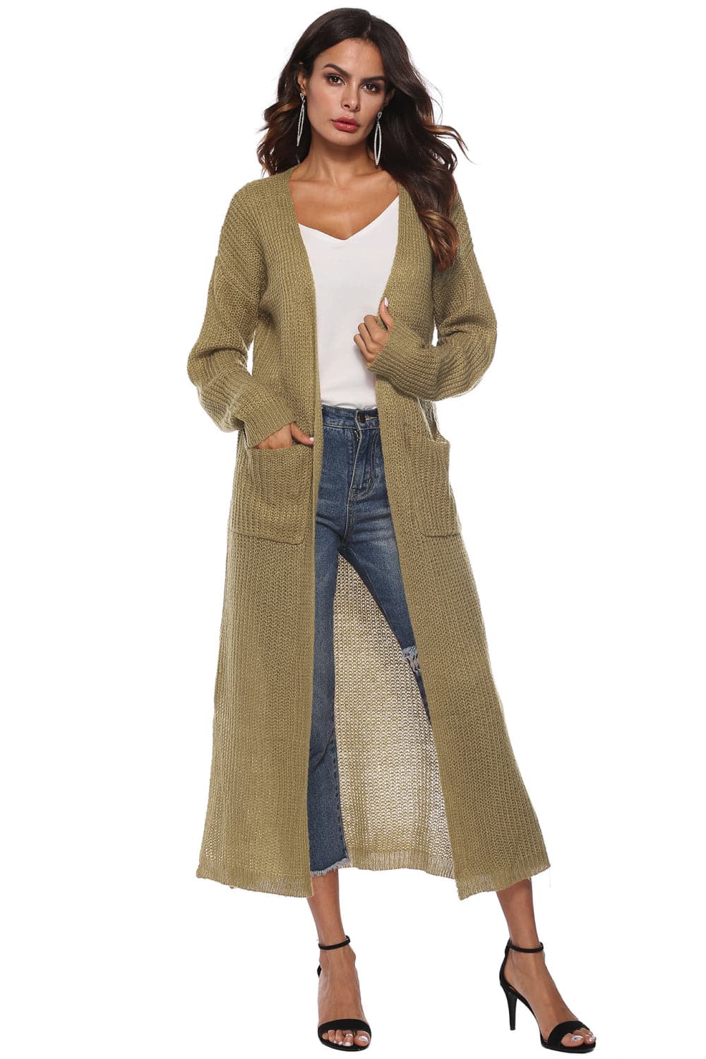 Long Sleeve Open Front Buttoned Cardigan.